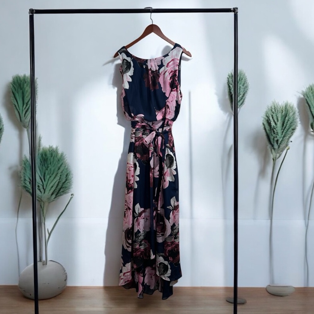 Shelby & Palmer Navy and Pink Floral High-Low Maxi Dress